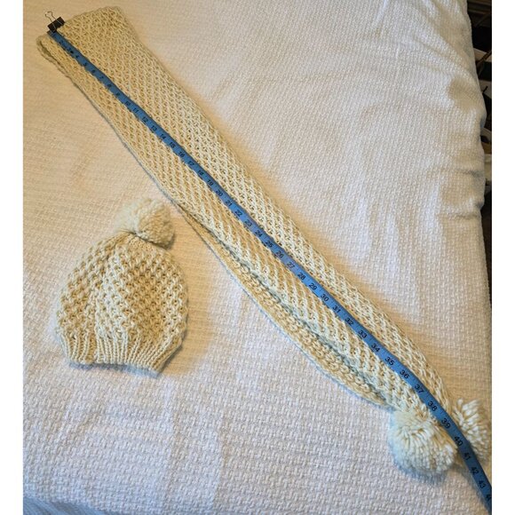 Hand-Knit Cream with Gold Threading Pom-Pom Hat & Skinny Scarf Set - Picture 2 of 4